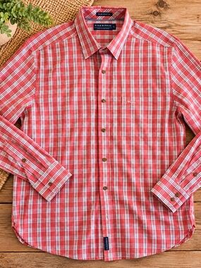 Fish HIPPIE Men's Coral Plaid Button-Down Shirt SZ LARGE PREPPY